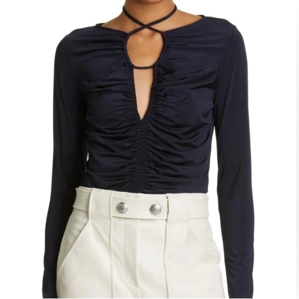Veronica Beard Roque Top Ruched Tie Back Top in Navy Size 4 - Picture 5 of 16